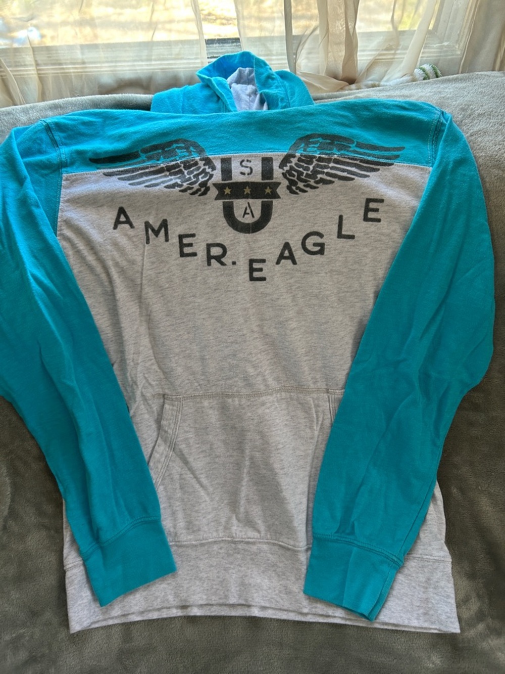 American Eagle Outfitters Teal and Light Gray Hooded Pullover